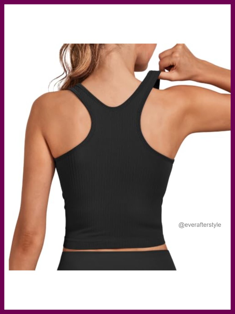 Seamless Ribbed U Neckline Crop Tank Built-In Bra Longline Sports Bra 4-Way